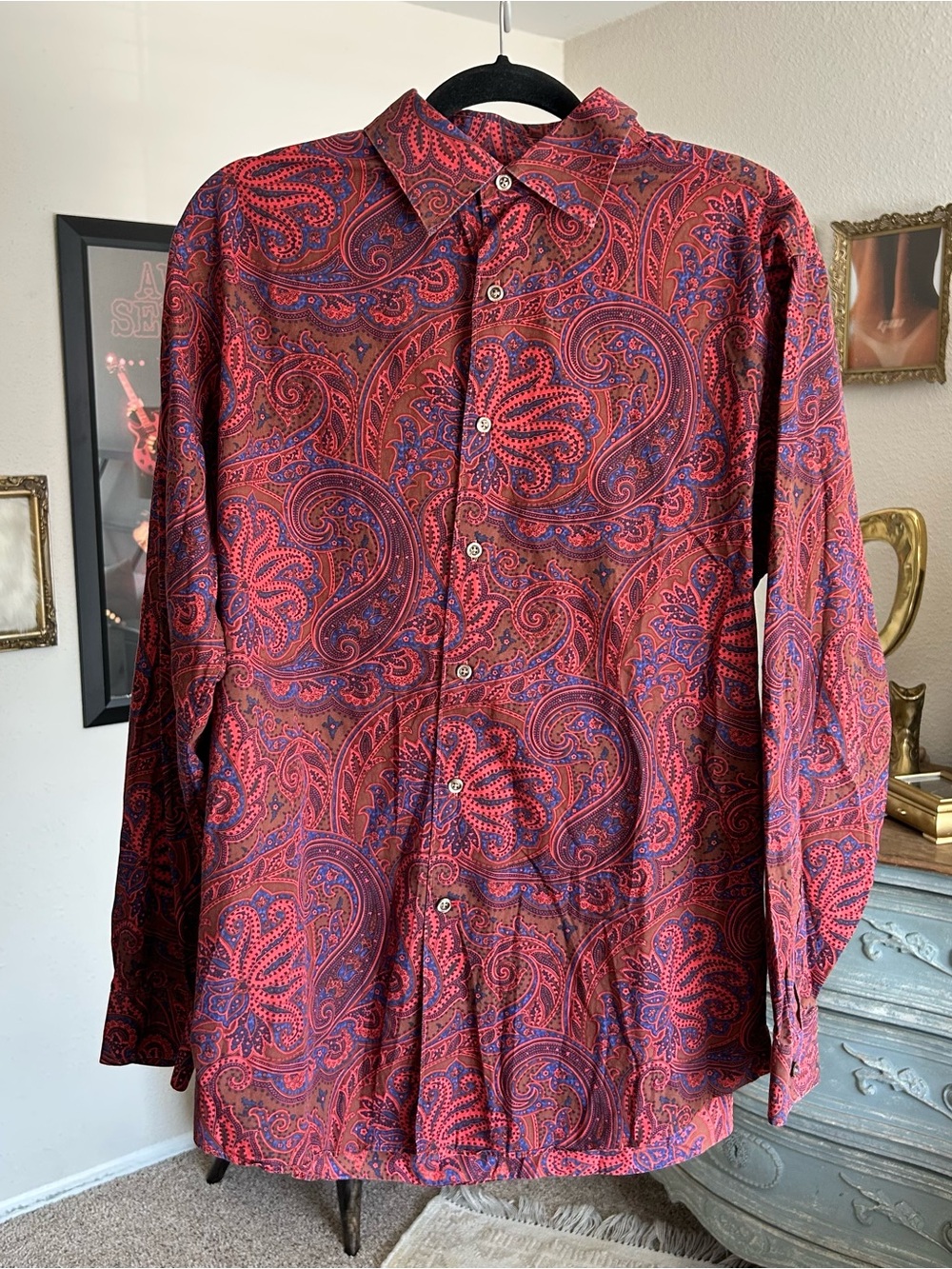 Vintage 90s Y2K Button Up Mens L Paisley Retro Cotton Collared Shirt Boho Indie